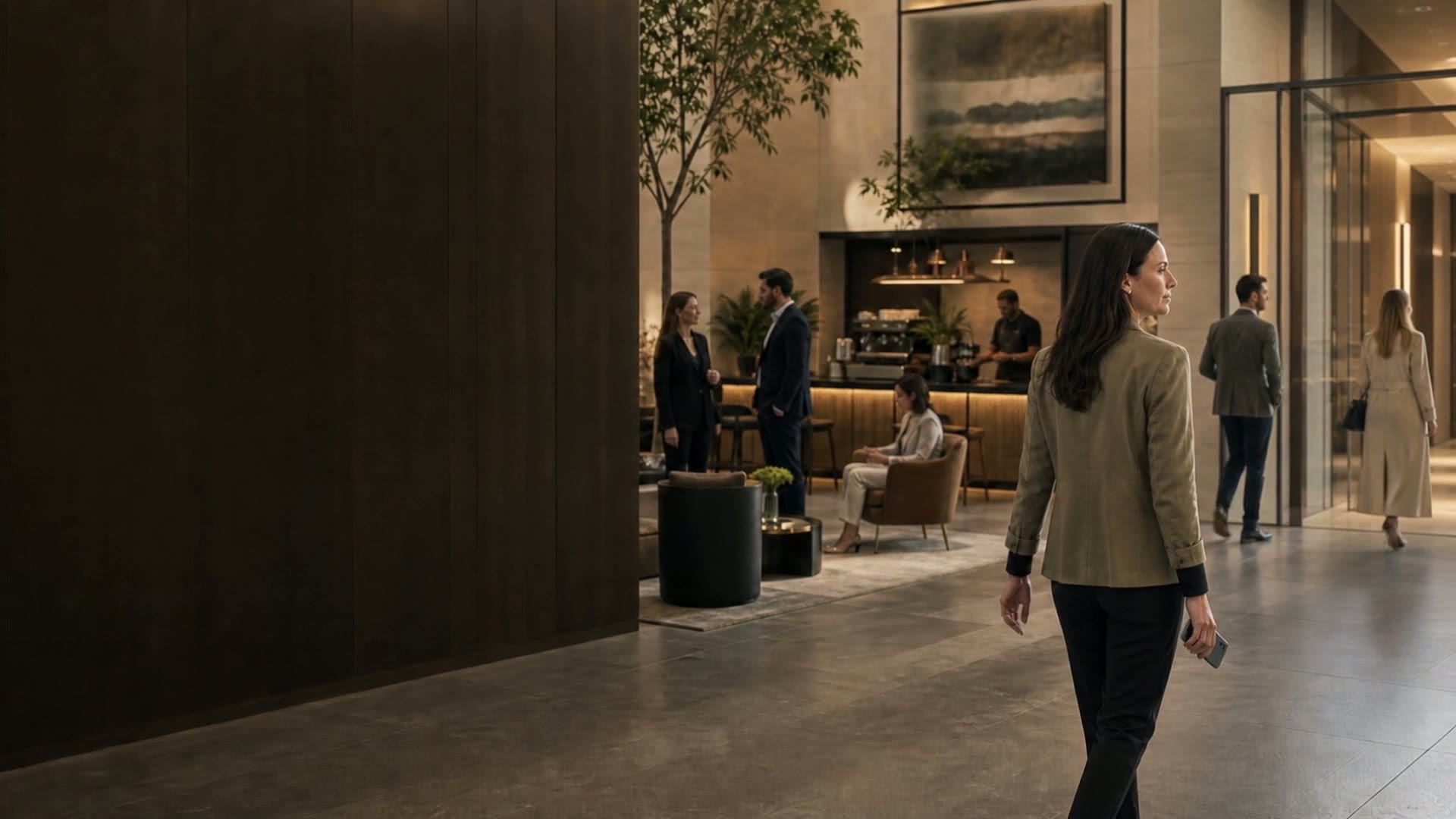 People arriving and meeting in an office lobby, from the Caret product film